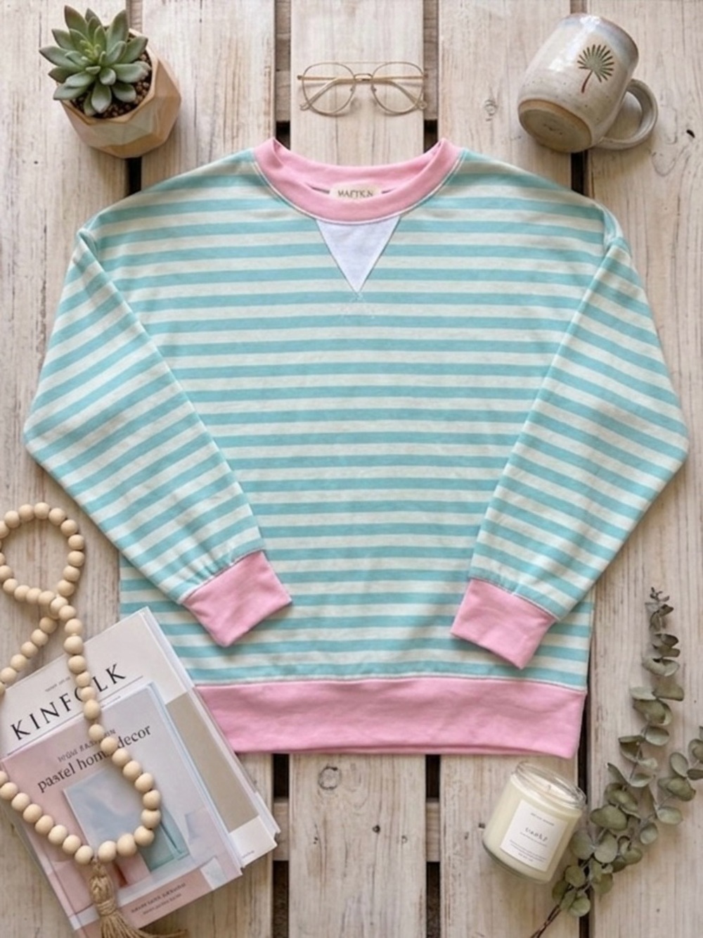 Haptics Color Block Striped Sweatshirt Mint Pink French Terry Sz S NWOT